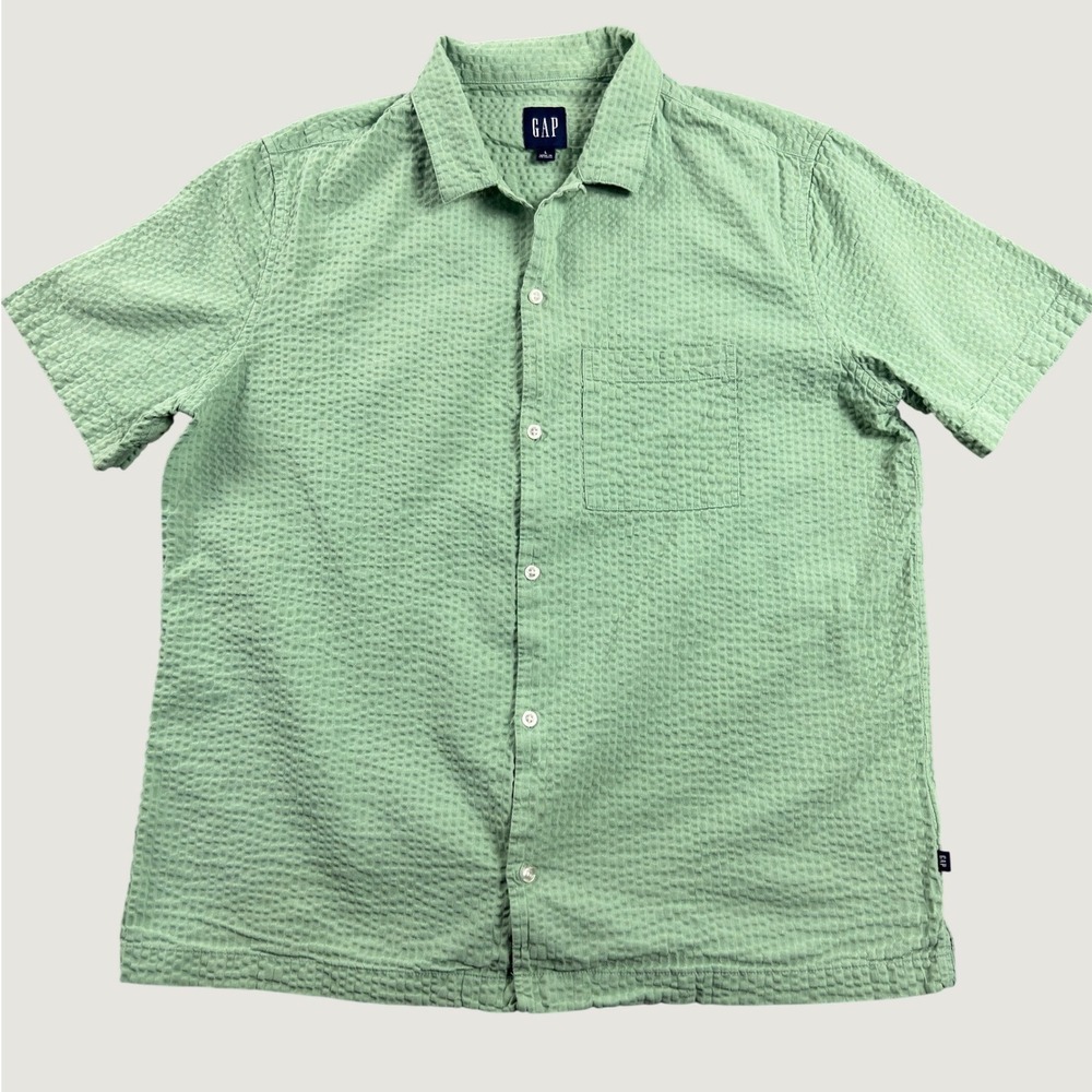 GAP Mens Large Sage Green Seersucker Short Sleeve Button Down Shirt Textured L
